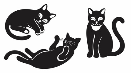 Three black cats in various poses sleeping lying down and sitting with a white background design vector