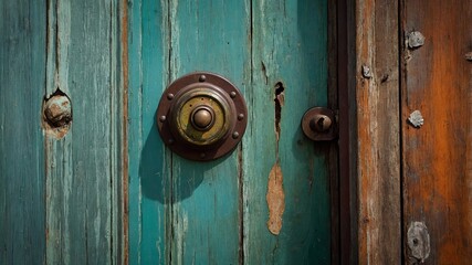 Fototapeta premium Close-up of a weathered wooden door with a metal hardware.