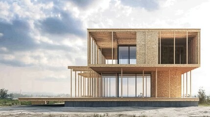 Modern wooden house under construction, rural landscape