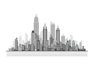 Cityscape silhouette: A minimalist city silhouette showcases a modern skyline composed of towering skyscrapers. This graphic captures the urban landscape with clean lines and shapes.