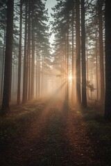 Obraz premium Misty Forest Trail with Sunrise Beams – AI Generated