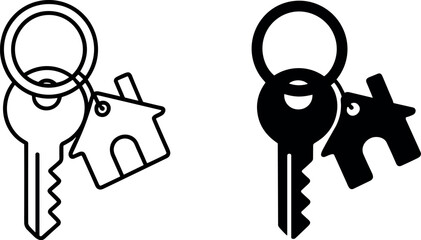 Two simple stylized icons of house keys with house charms one outline and one solid black