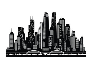 Fototapeta premium Urban Silhouette: A striking monochromatic illustration depicts a bustling cityscape, showcasing a multitude of towering skyscrapers and architectural marvels.