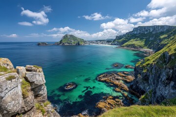 Coastal Bay Panorama With Turquoise Water And Rocky Cliffs