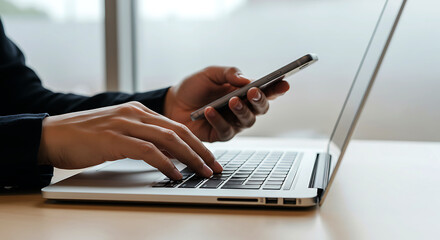 Person typing on laptop holding smartphone hands technology