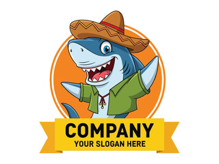Cartoon Shark in Sombrero: A friendly cartoon shark is depicted wearing a traditional sombrero and a shirt, set against a vibrant circular background, symbolizing fun and tropical themes. 