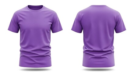 Front and back view of a plain purple tshirt isolated on white background