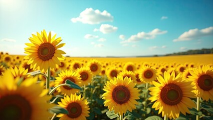 Fototapeta premium A vast field of sunflowers under a clear summer sky.