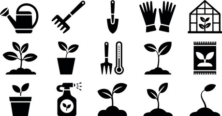 Obraz premium Collection of black and white silhouette icons representing gardening tools plants and greenhouse elements