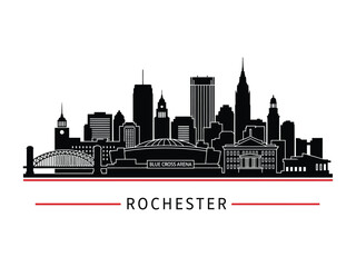 Naklejka premium Rochester Cityscape Silhouette: A stylish, minimalist silhouette of Rochester's iconic buildings and landmarks, perfect for representing the city's skyline, architecture, and urban identity.
