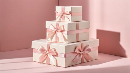Stack of three gift boxes with pink ribbons on a pink background
