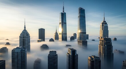 Fototapeta premium An ethereal cityscape emerging from the clouds, showcasing majestic skyscrapers reaching towards the sky