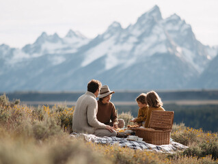 Family picnic in a stunning mountain landscape. A warm, idyllic scene evoking togetherness, nature, and joyful moments. Perfect for travel, lifestyle or family themed content.