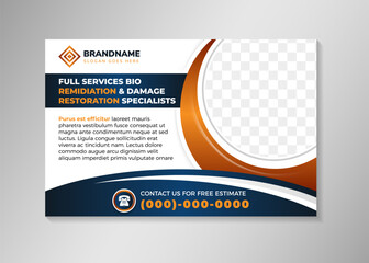 full services bio remediation and damage restoration speciaists banner template. Horizontal layout poster template use combination blue and brown gradient on elements. white background