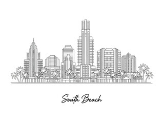 Naklejka premium Miami South Beach Skyline Illustration: Captivating skyline illustration captures the iconic architecture and vibrant essence of South Beach, Florida.