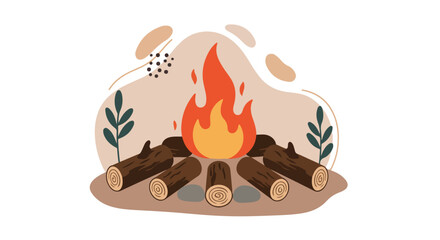 Fototapeta premium Decorative campfire burning in stylized setting with foliage for creative graphic