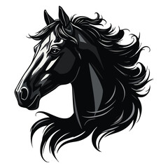 Elegant Black Horse Head Illustration with Flowing Mane on White Background