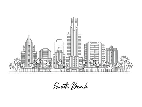 Miami South Beach Skyline Illustration: Captivating skyline illustration captures the iconic architecture and vibrant essence of South Beach, Florida.