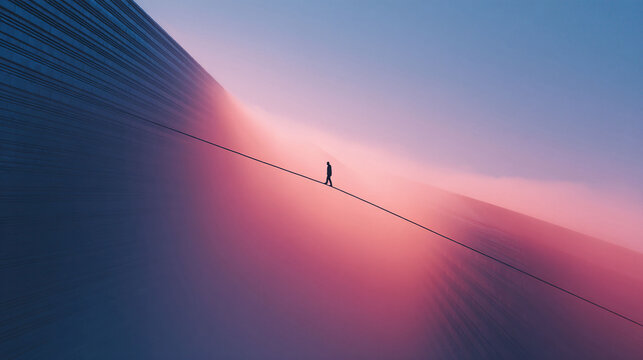 Minimalist image of a figure walking a tightrope with a surreal, gradient background. Symbolizes balance, risk, challenge, and ambition. Great for business, selfimprovement, or inspirational content.