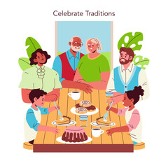 Family Celebrating Traditions with Cake and Conversation