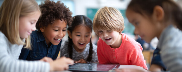 Diverse children learning together on a tablet, smiling with delight. Represents education, teamwork, and the joy of discovery in a modern classroom setting.