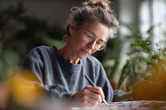 Mature woman engrossed in painting, expressing creativity and mindfulness. A serene scene of artistic passion, perfect for illustrating hobbies, art therapy, or creative expression. - Powered by Adobe
