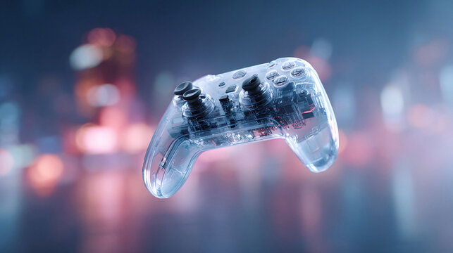 Futuristic, transparent game controller floating. Technology concept for esports, gaming, innovation, and virtual reality. Ideal for tech blogs or ads.