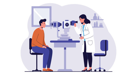 Eye exam ophthalmologist checks patient's vision with eye test equipment. Shelves