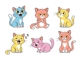 Cat Cartoon Expressions: A colorful, playful illustration features a collection of animated cats, each portraying a distinct emotion, from joy to anger, captured with vibrant artistry.