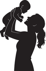 A silhouette of a mom holding baby high, bonding moment, black vector