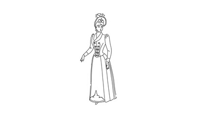 Victorian Era Woman in Traditional Dress – Vintage Line Art Illustration