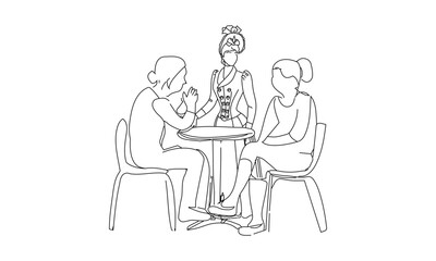 Three People Sitting Around a Table - Line Drawing