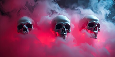 Spectral skulls shrouded in swirling mist, eerie Halloween backdrop,  gothic,  spooky