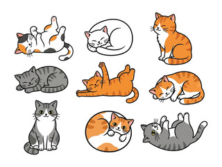 Naklejka premium Whimsical Cat Collection: A delightful assortment of illustrated cats in various playful poses. These adorable felines showcase their unique personalities through their playful antics. 