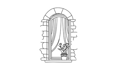 Arched Window with Curtains – Hand-Drawn Line Art Featuring Potted Flowers and Stone Wall