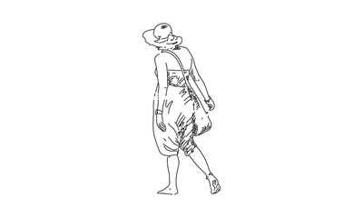 Woman Walking Away – Hand-Drawn Line Art of Fashionable Figure in Motion