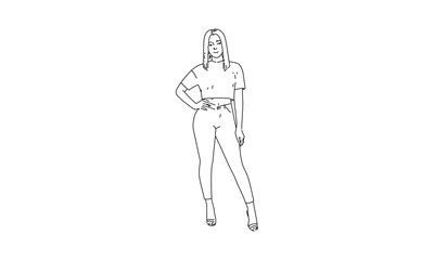 Minimalist Fashion Line Drawing of a Woman in Crop Top and High-Waisted Pants