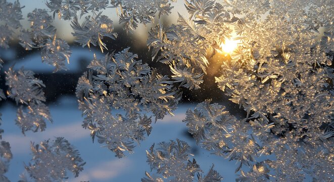 Ice crystals frost a window backlit by bright sunlight