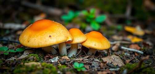 Three mushrooms clustered together on forest floor, earthy tones, white, closeup