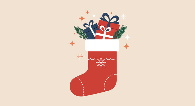 Gift-filled holiday stocking hanging against festive beige background for decoration