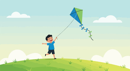 Boy runs flying a kite in green field under a cloudy sky, concept fun & freedom