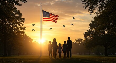 Silhouette of a family standing in front of an American flag at sunrise, a scene of patriotism and remembrance.