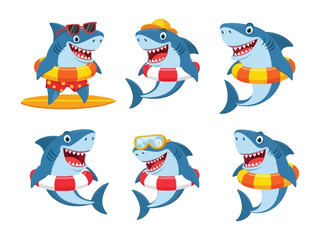 Shark's Summer Delight: A collection of friendly cartoon sharks, each embracing the summer vibe with unique accessories, radiating playful energy and sunny happiness.