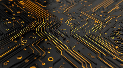 Abstract macro view of a black circuit board with glowing gold traces, representing advanced technology and digital connectivity