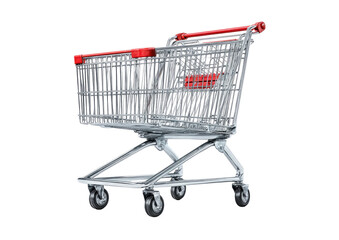 Empty shopping cart,  metal frame, red handles