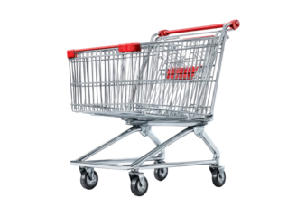 Empty shopping cart,  metal frame, red handles