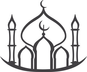 Hand drawn mosque icon vector illustration, bold outline black and white minimalistic line art, simple Islamic mosque symbol, printable graphic for religious, cultural, and creative designs