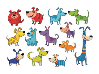 Naklejka premium Colorful Pup Extravaganza: A vibrant collection of cartoon dogs, each with their unique expressions and striking hues, bringing joy and playfulness.