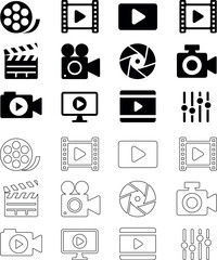 Obraz premium Collection of diverse video and film production icons representing playback recording and editing processes
