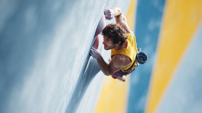 Determined climber ascending a colorful indoor rock wall. Represents strength, challenge, and perseverance. Ideal for fitness, sports, or motivational content.